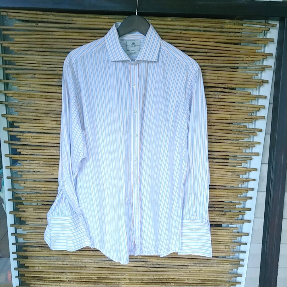 Hawes & Curtis 16.5 34 Mens Blue Gold Stripe Dress Shirt